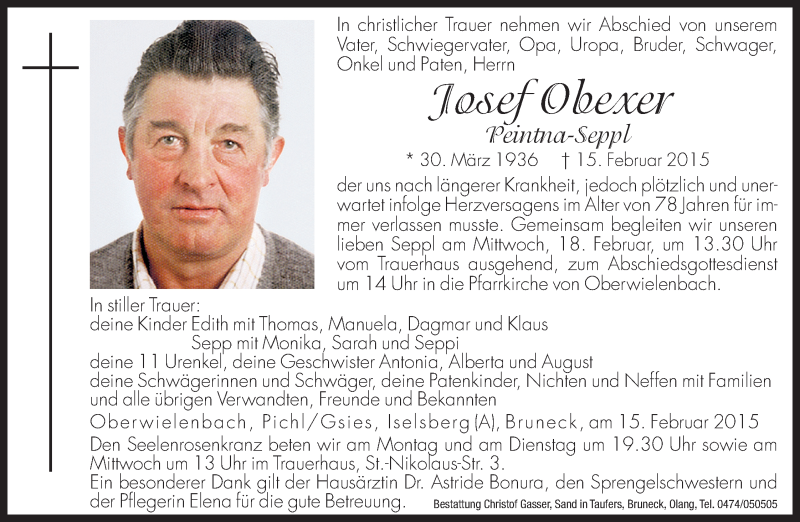  Traueranzeige für Josef Obexer vom 16.02.2015 aus Dolomiten