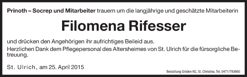  Traueranzeige für Filomena Rifesser vom 30.04.2015 aus Dolomiten