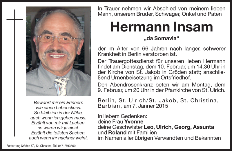  Traueranzeige für Hermann Insam vom 07.02.2015 aus Dolomiten