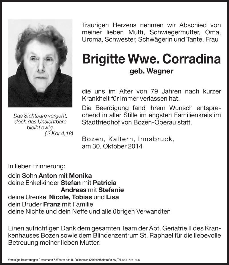  Traueranzeige für Brigitte Corradina vom 04.11.2014 aus Dolomiten