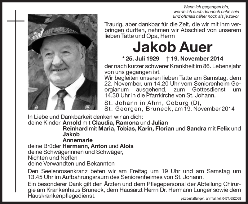  Traueranzeige für Jakob Auer vom 21.11.2014 aus Dolomiten