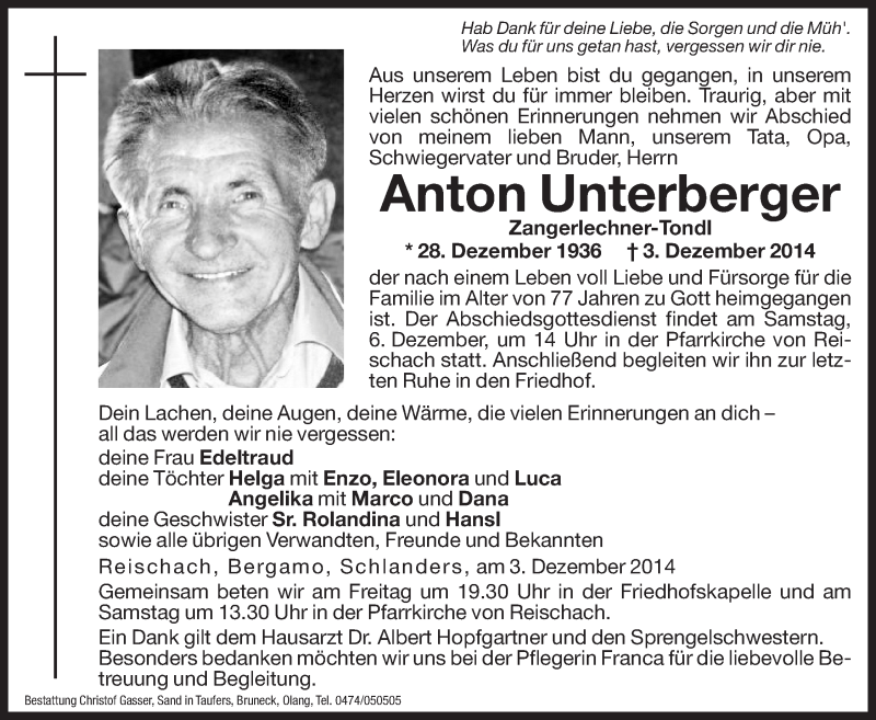  Traueranzeige für Anton Unterberger vom 05.12.2014 aus Dolomiten