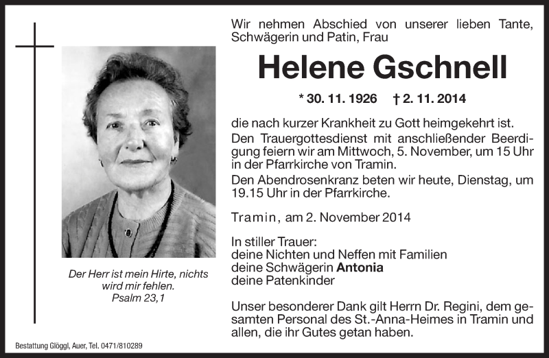  Traueranzeige für Helene Gschnell vom 04.11.2014 aus Dolomiten