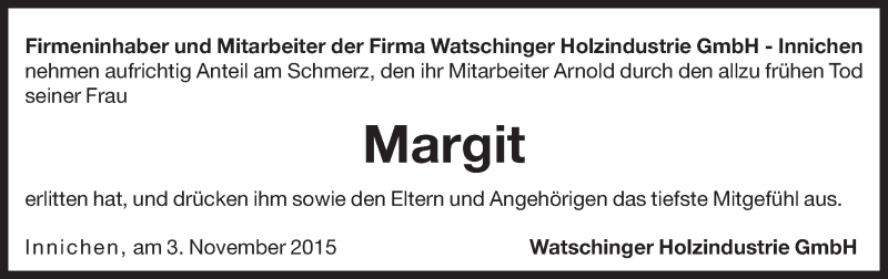  Traueranzeige für Margit  vom 04.11.2015 aus Dolomiten