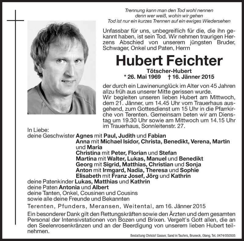  Traueranzeige für Hubert Feichter vom 20.01.2015 aus Dolomiten