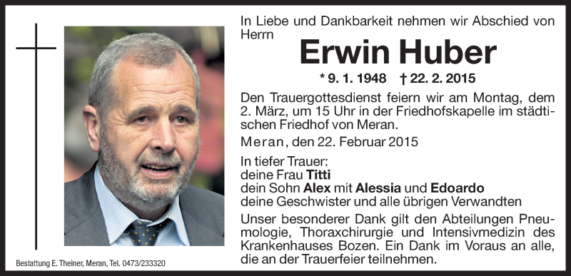  Traueranzeige für Erwin Huber vom 27.02.2015 aus Dolomiten