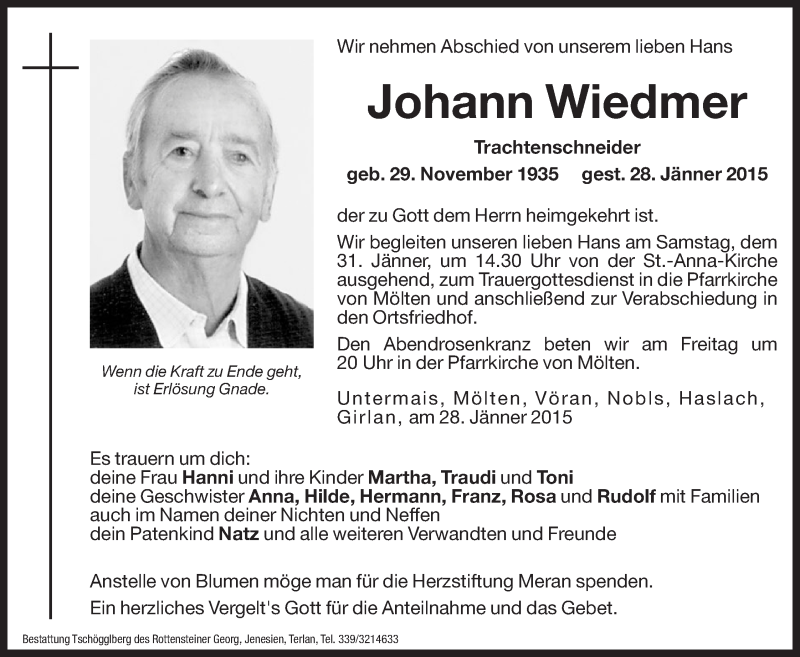  Traueranzeige für Johann Wiedmer vom 30.01.2015 aus Dolomiten