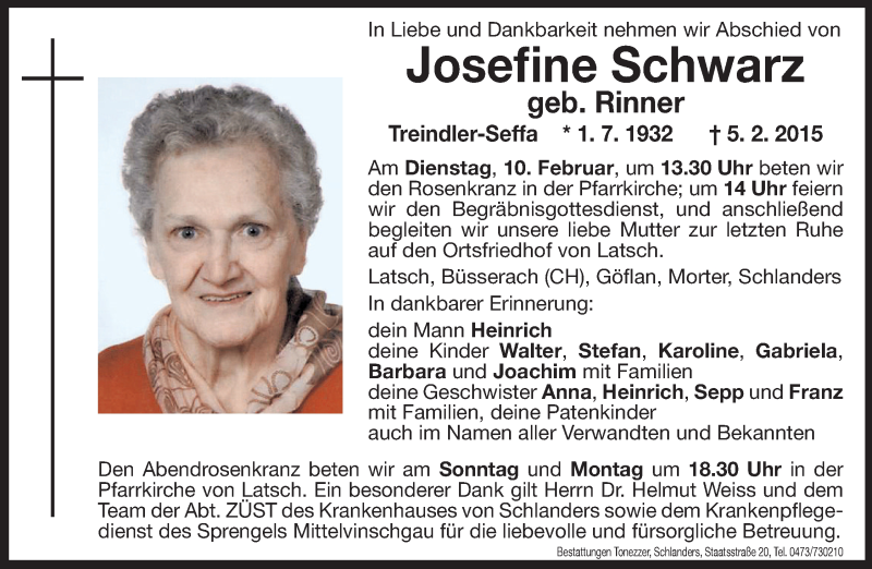  Traueranzeige für Josefine Schwarz vom 07.02.2015 aus Dolomiten