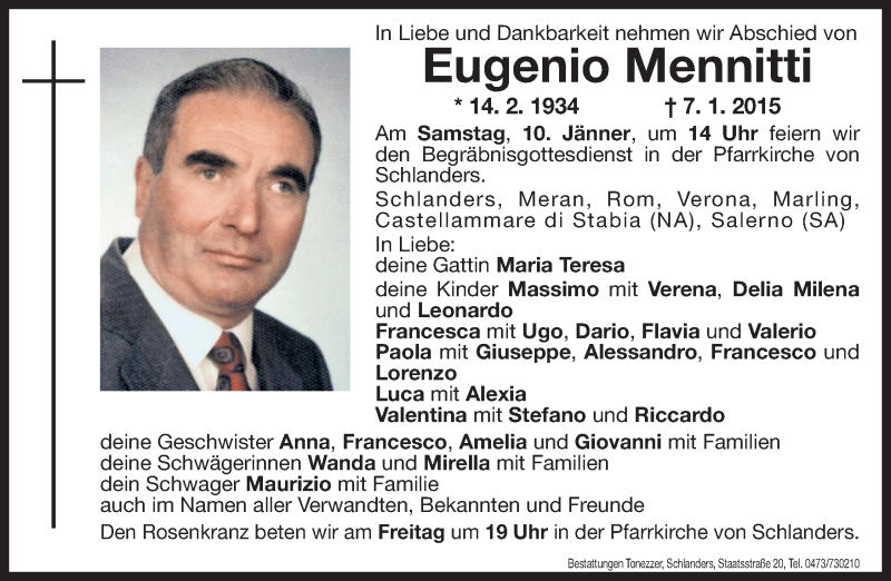  Traueranzeige für Eugenio Mennitti vom 09.01.2015 aus Dolomiten