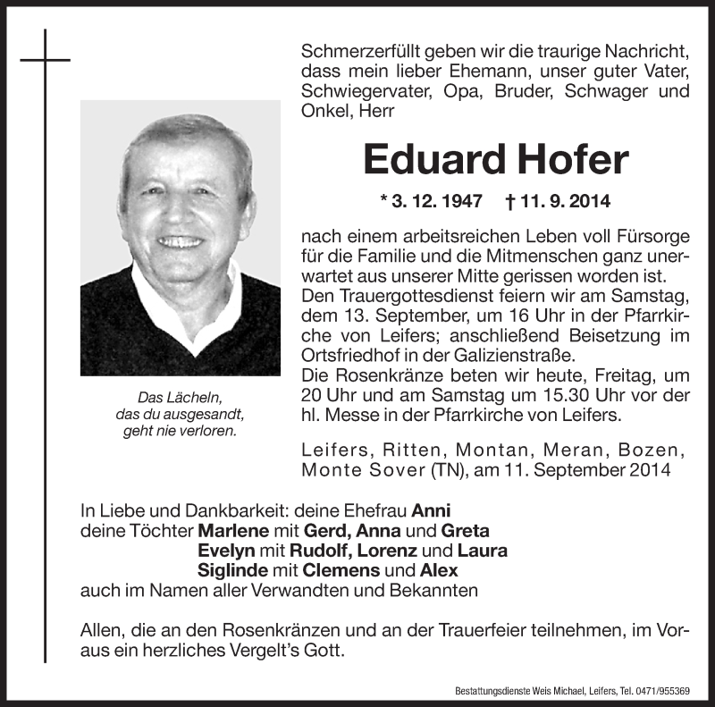  Traueranzeige für Eduard Hofer vom 12.09.2014 aus Dolomiten