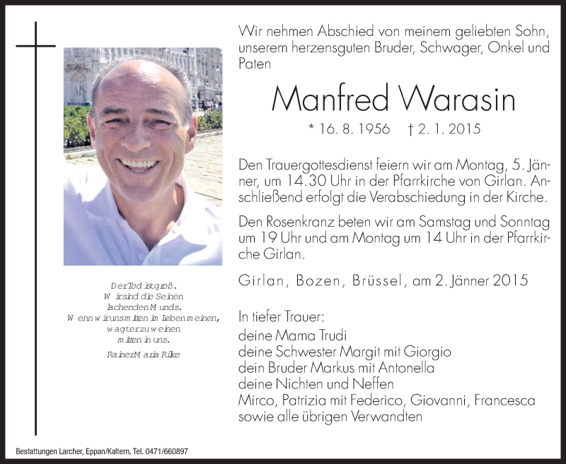  Traueranzeige für Manfred Warasin vom 03.01.2015 aus Dolomiten