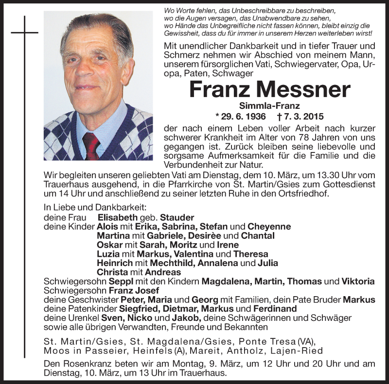  Traueranzeige für Franz Messner vom 09.03.2015 aus Dolomiten