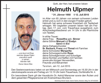 Traueranzeige von Helmuth Ulpmer von Dolomiten