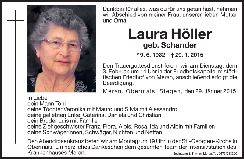  Traueranzeige für Laura Höller vom 31.01.2015 aus Dolomiten