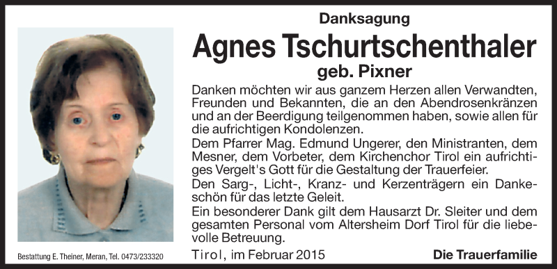  Traueranzeige für Agnes Tschurtschenthaler vom 06.02.2015 aus Dolomiten