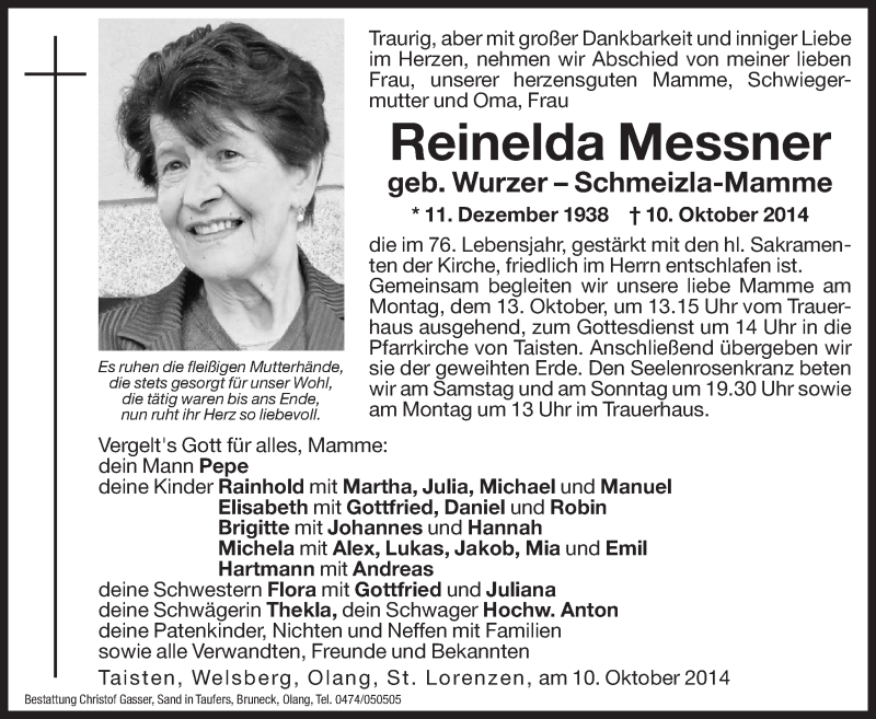  Traueranzeige für Reinelda Messner vom 11.10.2014 aus Dolomiten