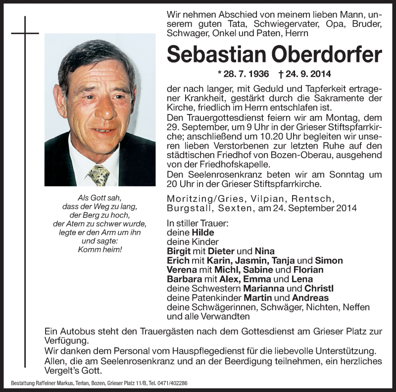  Traueranzeige für Sebastian Oberdorfer vom 26.09.2014 aus Dolomiten