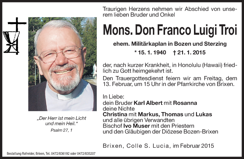  Traueranzeige für Franco Luigi Troi vom 11.02.2015 aus Dolomiten