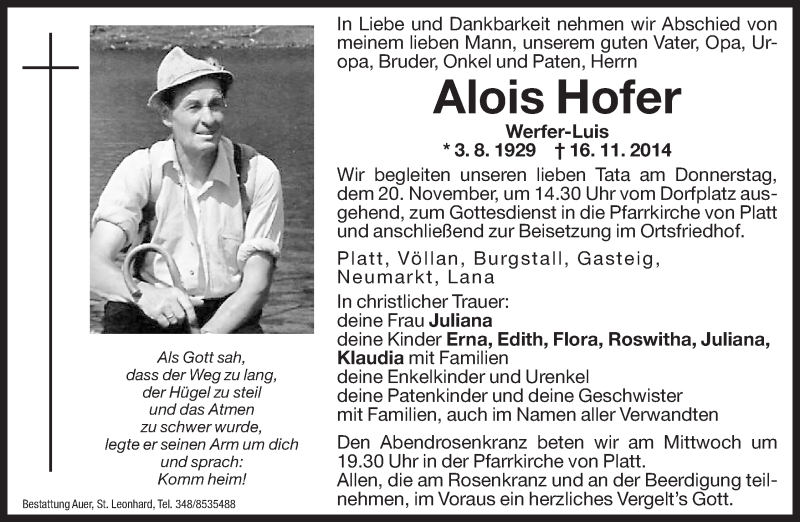  Traueranzeige für Alois Hofer vom 19.11.2014 aus Dolomiten