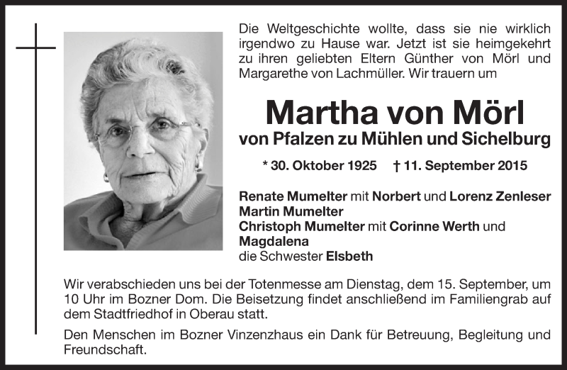  Traueranzeige für Martha von Mörl von Pfalzen zu Mühlen und Sichelburg vom 12.09.2015 aus Dolomiten