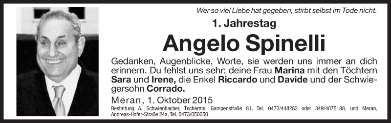  Traueranzeige für Angelo Spinelli vom 02.10.2015 aus Dolomiten