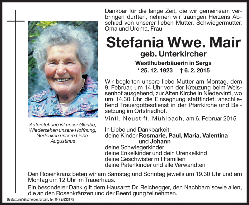  Traueranzeige für Stefania Mair vom 07.02.2015 aus Dolomiten