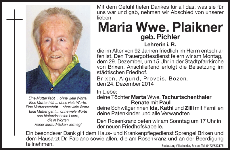  Traueranzeige für Maria Plaikner vom 27.12.2014 aus Dolomiten