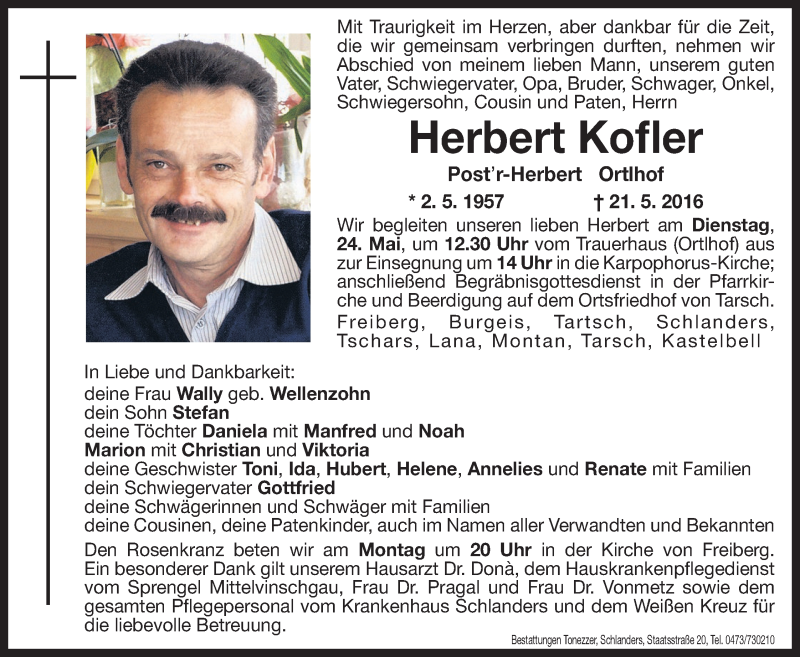  Traueranzeige für Herbert Kofler vom 23.05.2016 aus Dolomiten