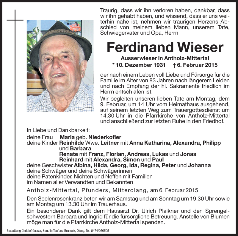  Traueranzeige für Ferdinand Wieser vom 07.02.2015 aus Dolomiten