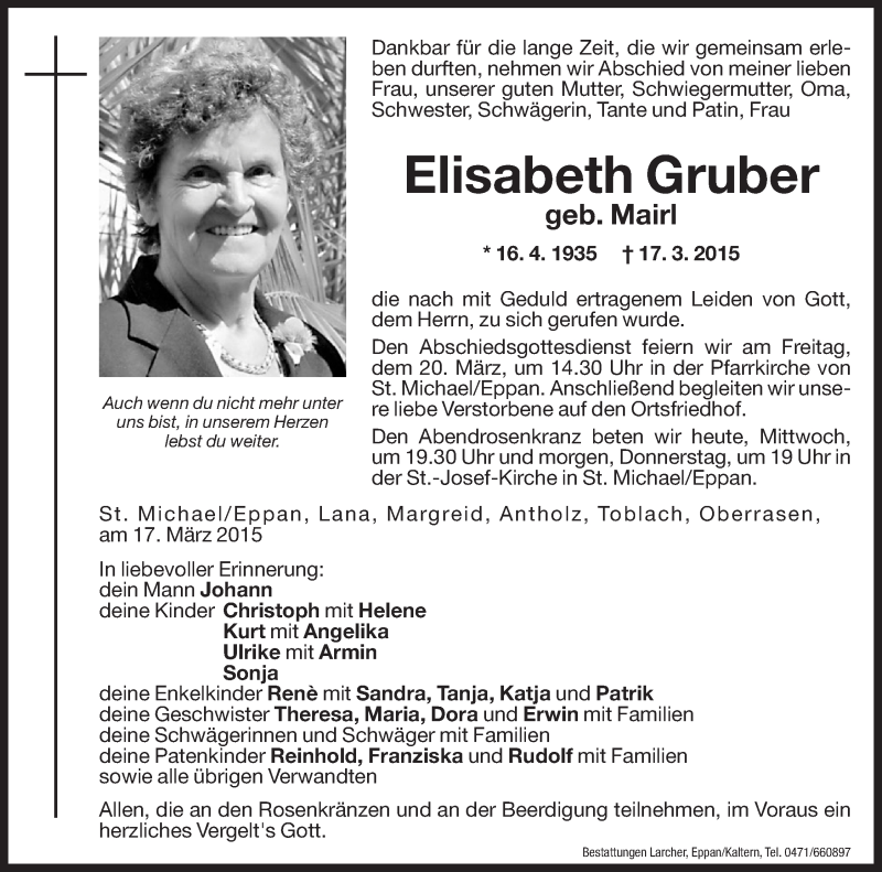 Traueranzeigen von Elisabeth Gruber | Trauer.bz