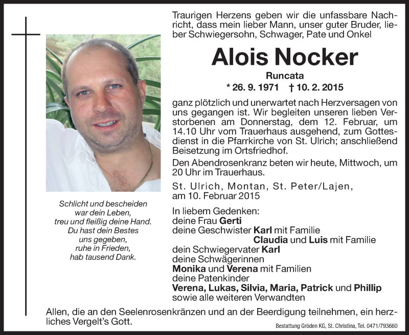  Traueranzeige für Alois Nocker vom 11.02.2015 aus Dolomiten