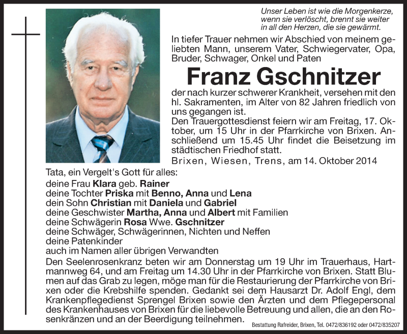  Traueranzeige für Franz Gschnitzer vom 16.10.2014 aus Dolomiten