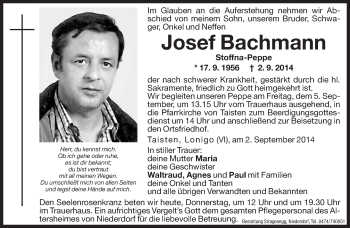 Traueranzeige von Josef Bachmann von Dolomiten