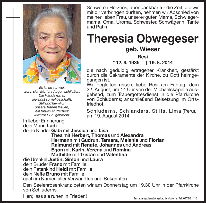  Traueranzeige für Theresia Obwegeser vom 21.08.2014 aus Dolomiten