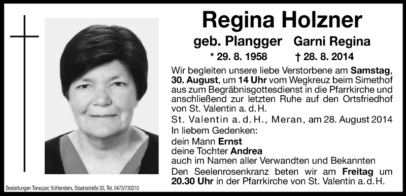  Traueranzeige für Regina Holzner vom 29.08.2014 aus Dolomiten