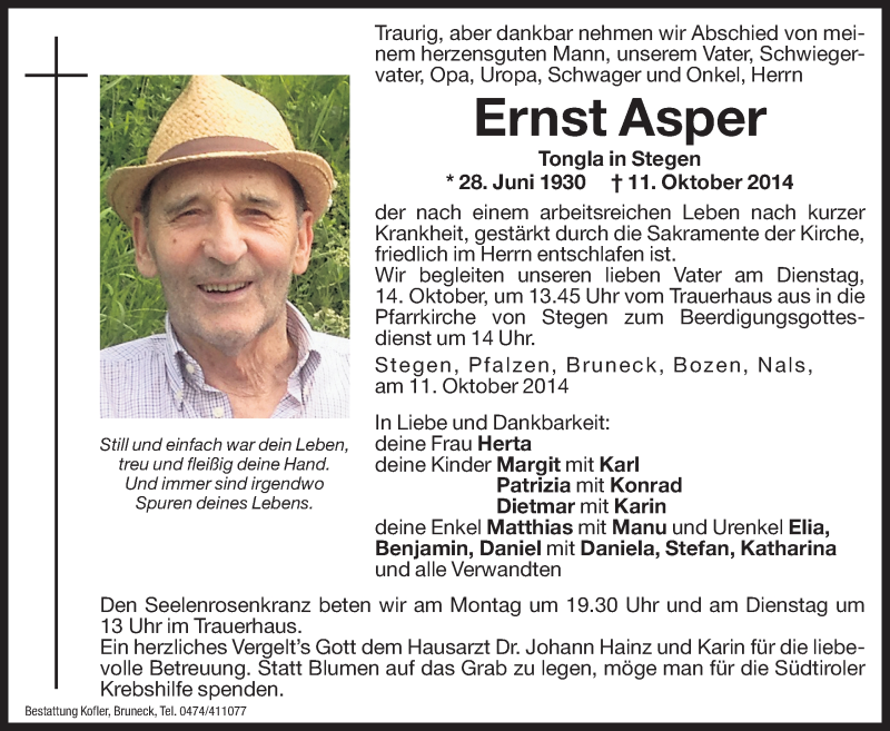  Traueranzeige für Ernst Asper vom 13.10.2014 aus Dolomiten