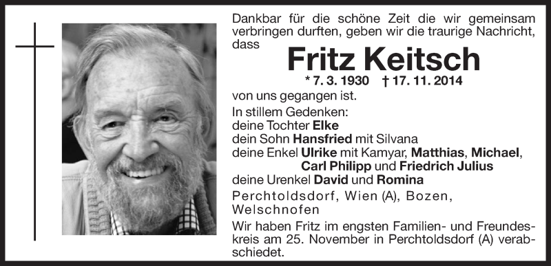  Traueranzeige für Fritz Keitsch vom 28.11.2014 aus Dolomiten