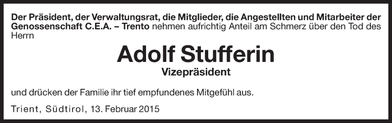  Traueranzeige für Adolf Stufferin vom 14.02.2015 aus Dolomiten