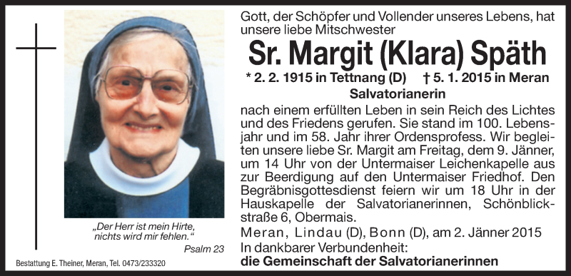  Traueranzeige für Margit Klara Späth vom 08.01.2015 aus Dolomiten