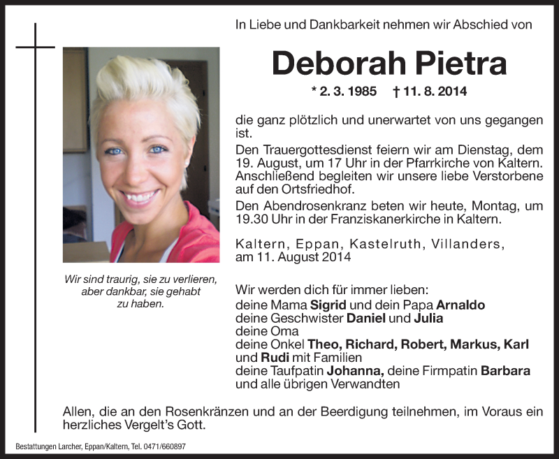  Traueranzeige für Deborah Pietra vom 18.08.2014 aus Dolomiten