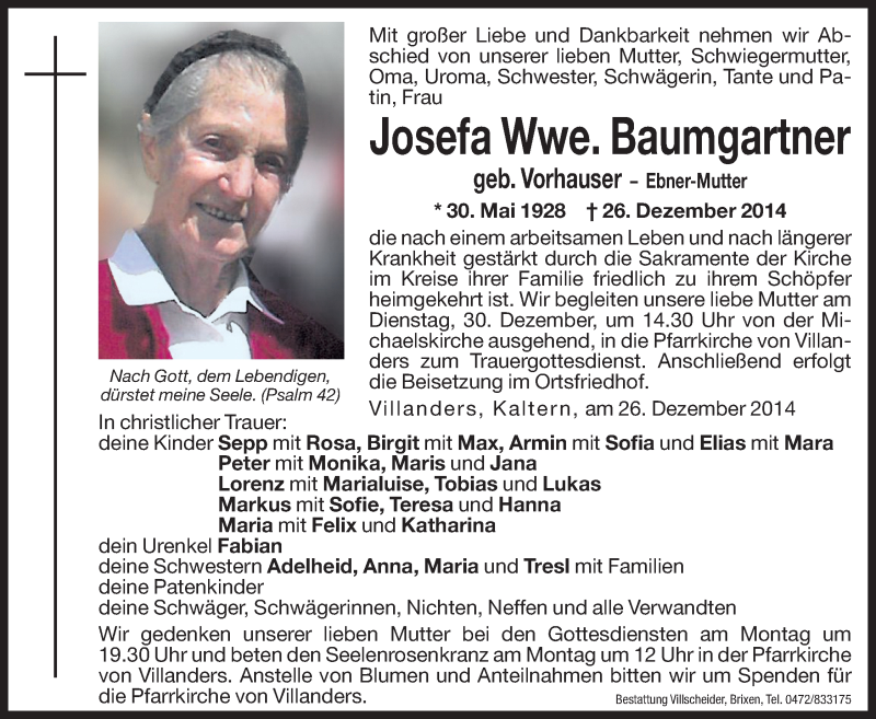  Traueranzeige für Josefa Baumgartner vom 29.12.2014 aus Dolomiten