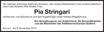 Traueranzeige von Pia Stringari von Dolomiten