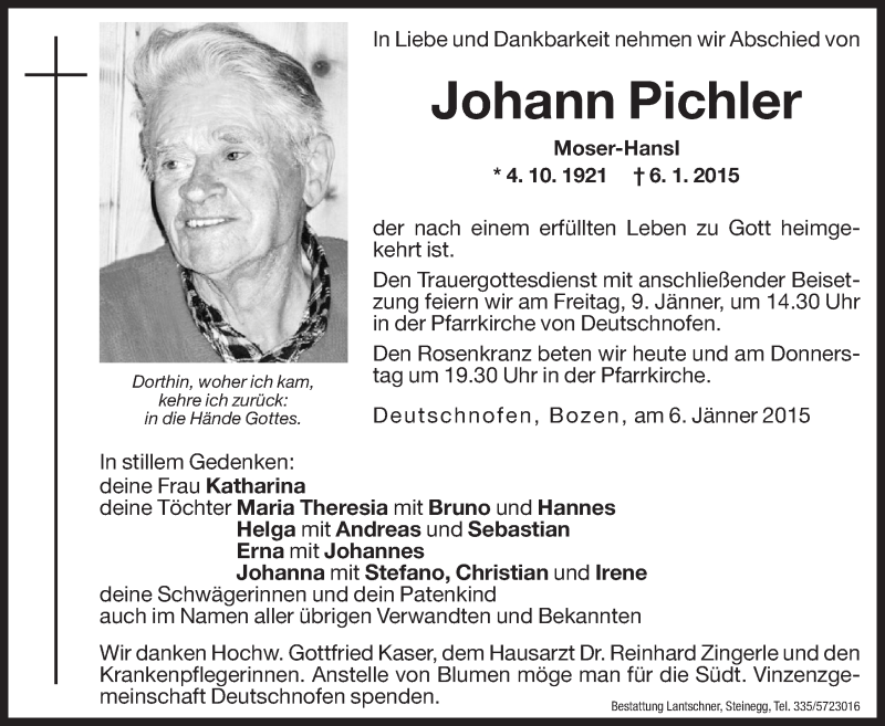  Traueranzeige für Johann Pichler vom 07.01.2015 aus Dolomiten