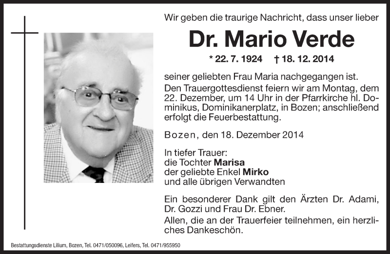  Traueranzeige für Mario Verde vom 20.12.2014 aus Dolomiten