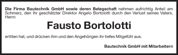 Traueranzeige von Fausto Bortolotti von Dolomiten