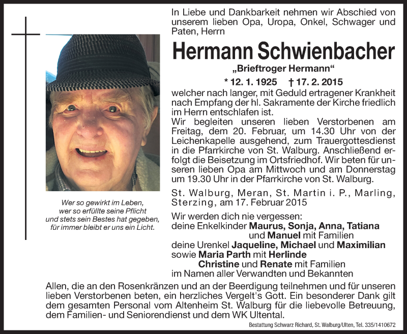  Traueranzeige für Hermann Schwienbacher vom 18.02.2015 aus Dolomiten