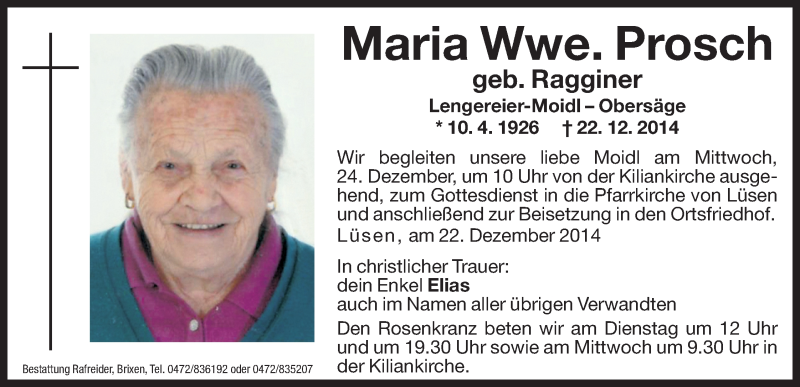  Traueranzeige für Maria Prosch vom 23.12.2014 aus Dolomiten