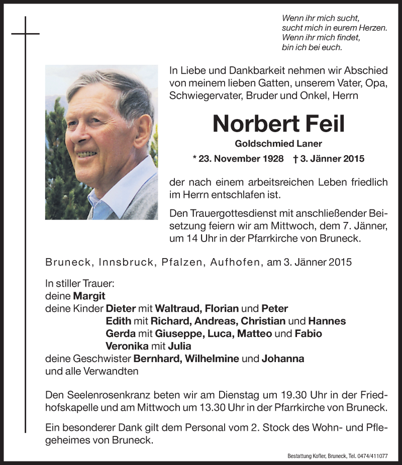  Traueranzeige für Norbert Feil vom 05.01.2015 aus Dolomiten