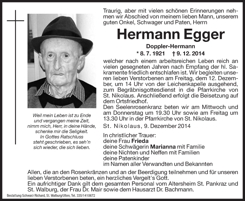  Traueranzeige für Hermann Egger vom 10.12.2014 aus Dolomiten