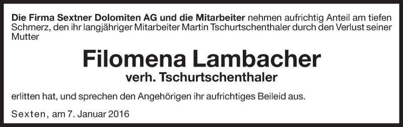 Traueranzeige für Filomena Lambacher vom 08.01.2016 aus Dolomiten